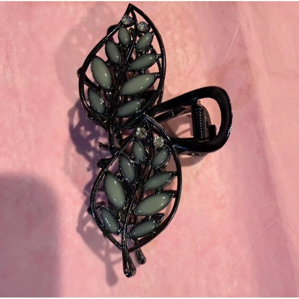 Enamel Leaf Branch Metal Hair Claw Clip Rhinestone Botanical